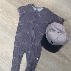 Gray Baby Onesie with Dumbbell Print and Cap